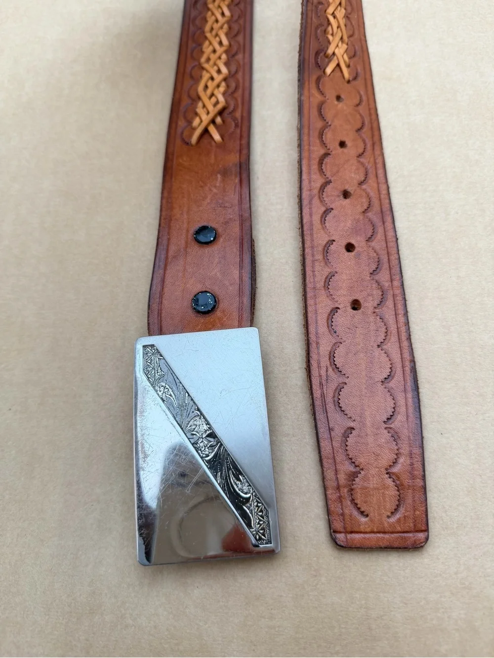 Vintage Western Leather Belt Nickel Silver Engraved Buckle Tooled Braided Size 3